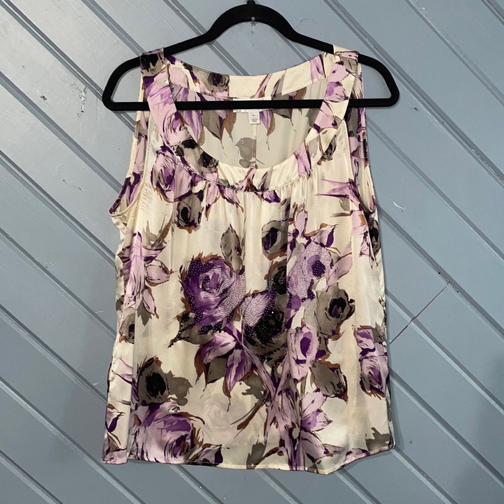 St. John evening 100% silk beaded floral cream purple sleeveless blouse - Picture 10 of 10